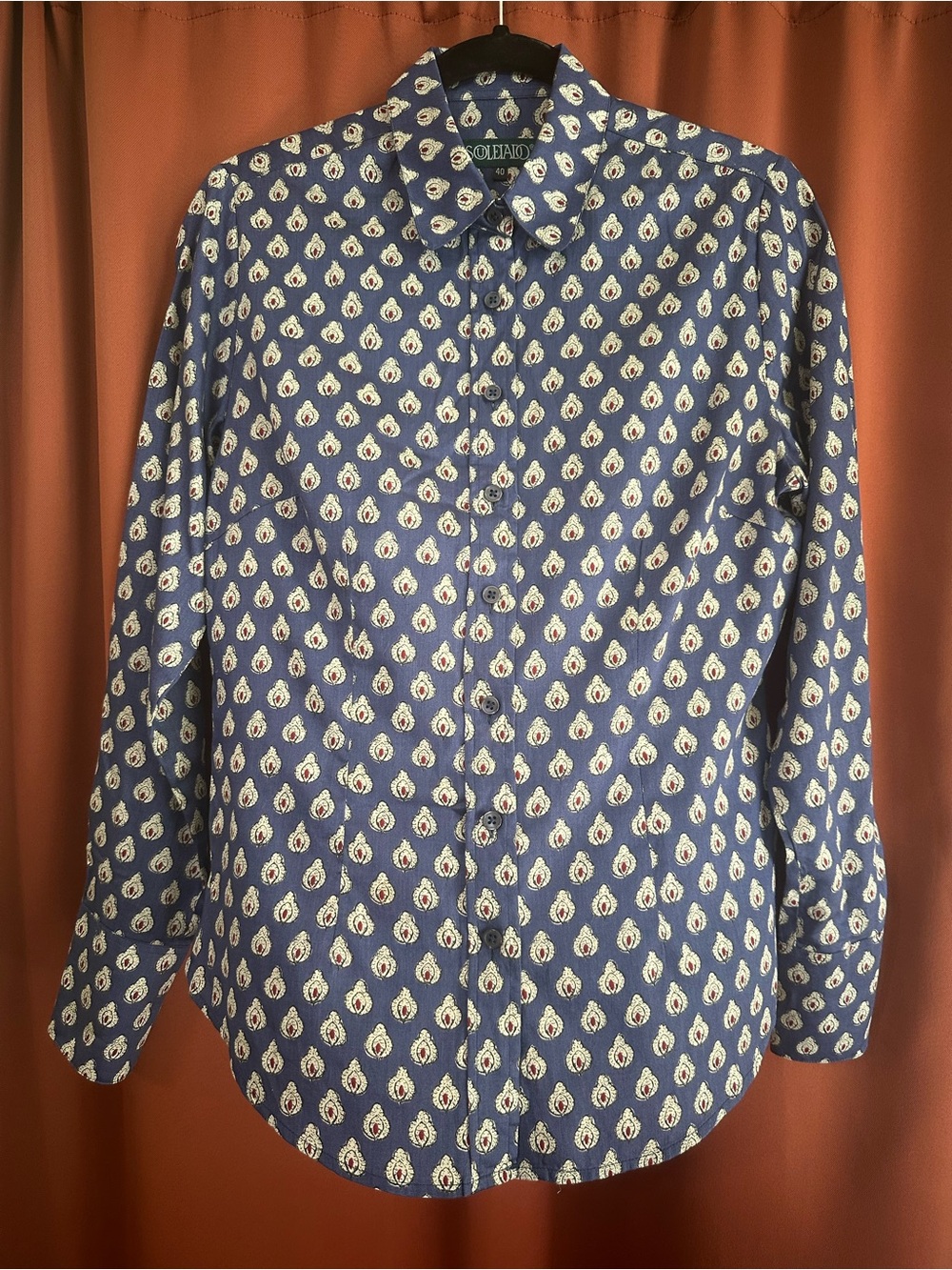 Souleiado France 100% Cotton Blue Printed Long Sleeve Button Up Women’s Size 40